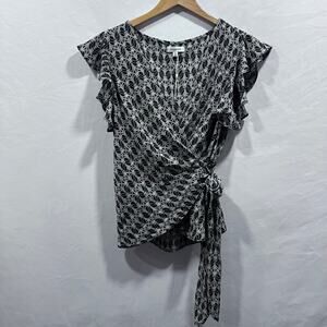 Max‎ Studio Wrap Top Women's Small Black Floral Ruffle Sleeve Blouse NWOT Career